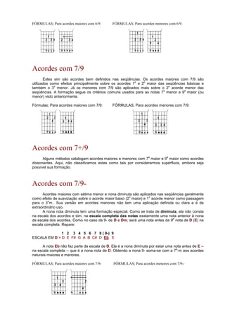 FÓRMULAS; Para acordes maiores com 6/9: FÓRMULAS; Para acordes menores com 6/9:
Acordes com 7/9
Estes sim são acordes bem definidos nas seqüências. Os acordes maiores com 7/9 são
utilizados como efeitos principalmente sobre os acordes 1
o
e 2
o
maior das seqüências básicas e
também o 3
o
menor. Já os menores com 7/9 são aplicados mais sobre o 2
o
acorde menor das
seqüências. A formação segue os critérios comuns usados para as notas 7
a
menor e 9
a
maior (ou
menor) visto anteriormente.
Fórmulas; Para acordes maiores com 7/9: FÓRMULAS; Para acordes menores com 7/9:
Acordes com 7+/9
Alguns métodos catalogam acordes maiores e menores com 7
a
maior e 9
a
maior como acordes
dissonantes. Aqui, não classificamos estes como tais por considerarmos supérfluos, embora seja
possível sua formação.
Acordes com 7/9-
Acordes maiores com sétima menor e nona diminuta são aplicados nas seqüências geralmente
como efeito de suavização sobre o acorde maior baixo (2
o
maior) e 1
o
acorde menor como passagem
para o 3
o
m.. Sua versão em acordes menores não tem uma aplicação definida ou clara e é de
extraordinário uso.
A nona nota diminuta tem uma formação especial. Como se trata de diminuta, ela não consta
na escala dos acordes e sim, na escala completa das notas exatamente uma nota anterior à nona
da escala dos acordes. Como no caso da 9- de D e Dm; será uma nota antes da 9
a
nota de D (E) na
escala completa. Repare:
1 2 3 4 5 6 7 8 ( 9-) 9
ESCALA EM D = D E F# G A B C# D Eb E
A nota Eb não faz parte da escala de D. Ela é a nona diminuta por estar uma nota antes de E --
na escala completa -- que é a nona nota de D. Obtendo a nona 9- soma-se com a 7
a
-m aos acordes
naturais maiores e menores.
FÓRMULAS; Para acordes maiores com 7/9- FÓRMULAS; Para acordes menores com 7/9-:
 