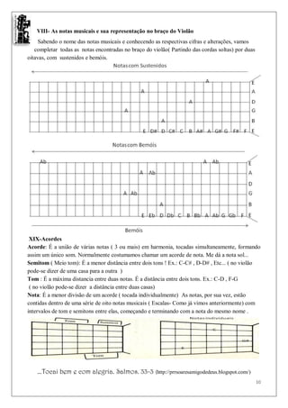 VIII- As notas musicais e sua representação no braço do Violão
     Sabendo o nome das notas musicais e conhecendo as respectivas cifras e alterações, vamos
   completar todas as notas encontradas no braço do violão( Partindo das cordas soltas) por duas
oitavas, com sustenidos e bemóis.




 XIX-Acordes
Acorde: É a união de várias notas ( 3 ou mais) em harmonia, tocadas simultaneamente, formando
assim um único som. Normalmente costumamos chamar um acorde de nota. Me dá a nota sol...
Semitom ( Meio tom): É a menor distância entre dois tons ! Ex.: C-C# , D-D# , Etc... ( no violão
pode-se dizer de uma casa para a outra )
Tom : É a máxima distancia entre duas notas. É a distância entre dois tons. Ex.: C-D , F-G
 ( no violão pode-se dizer a distância entre duas casas)
Nota: É a menor divisão de um acorde ( tocada individualmente) As notas, por sua vez, estão
contidas dentro de uma série de oito notas musicais ( Escalas- Como já vimos anteriormente) com
intervalos de tom e semitons entre elas, começando e terminando com a nota do mesmo nome .




    ...Tocai bem e com alegria. Salmos. 33-3 (http://prrsoaresamigodedeus.blogspot.com/)
                                                                                                   10
 