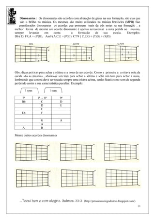 Dissonantes : Os dissonantes são acordes com alteração de graus na sua formação, são elas que
    dão o brilho na música. Os mesmos são muito utilizados na música brasileira (MPB) São
   considerados dissonantes os acordes que possuem mais de três notas na sua formação . a
melhor forma de montar um acorde dissonante é apenas acrescentar a nota pedida ao mesmo,
sempre     levando     em   conta         a    formação      de    sua     escala.   Exemplos:
D6 ( D, F#,A + (6ª)B), Am9 (A,C,E +(9ª)B) C7/9 ( C,E,G + (7)Bb + (9)D)




Obs: dicas práticas para achar a sétima e a nona de um acorde. Como a primeira e a oitava nota da
escala são as mesmas , abaixa-se um tom para achar a sétima e sobe um tom para achar a nona,
lembrando que a nona deve ser tocada sempre uma oitava acima, senão ficará como som de segunda
perdendo assim a sua característica peculiar. Exemplo:

         1 tom             1 tom

     7ª          1ª - 8ª           9ª
     Bb             C              D
                    D              E
                    E
     Eb             F

                    G              A
                    A
     A              B

Monte outros acordes dissonantes




   ...Tocai bem e com alegria. Salmos. 33-3          (http://prrsoaresamigodedeus.blogspot.com/)
                                                                                                   13
 
