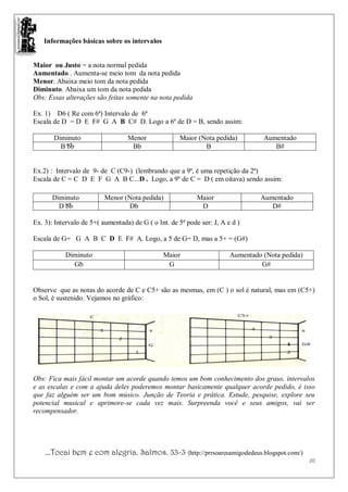 Informações básicas sobre os intervalos


Maior ou Justo = a nota normal pedida
Aumentado . Aumenta-se meio tom da nota pedida
Menor. Abaixa meio tom da nota pedida
Diminuto. Abaixa um tom da nota pedida
Obs: Essas alterações são feitas somente na nota pedida

Ex. 1) D6 ( Re com 6ª) Intervalo de 6ª
Escala de D = D E F# G A B C# D. Logo a 6º de D = B, sendo assim:

       Diminuto                   Menor              Maior (Nota pedida)          Aumentado
         B bb                      Bb                        B                       B#


Ex.2) : Intervalo de 9- de C (C9-) (lembrando que a 9ª, é uma repetição da 2ª)
Escala de C = C D E F G A B C...D . Logo, a 9º de C = D ( em oitava) sendo assim:

       Diminuto           Menor (Nota pedida)               Maior                Aumentado
         D bb                    Db                          D                      D#

Ex. 3): Intervalo de 5+( aumentada) de G ( o Int. de 5ª pode ser: J, A e d )

Escala de G= G A B C D E F# A. Logo, a 5 de G= D, mas a 5+ = (G#)

           Diminuto                            Maior                    Aumentado (Nota pedida)
             Gb                                 G                                G#


Observe que as notas do acorde de C e C5+ são as mesmas, em (C ) o sol é natural, mas em (C5+)
o Sol, é sustenido. Vejamos no gráfico:




Obs: Fica mais fácil montar um acorde quando temos um bom conhecimento dos graus, intervalos
e as escalas e com a ajuda deles poderemos montar basicamente qualquer acorde pedido, é isso
que faz alguém ser um bom músico. Junção de Teoria e prática. Estude, pesquise, explore seu
potencial musical e aprimore-se cada vez mais. Surpreenda você e seus amigos, vai ser
recompensador.




    ...Tocai bem e com alegria. Salmos. 33-3 (http://prrsoaresamigodedeus.blogspot.com/)
                                                                                                  20
 
