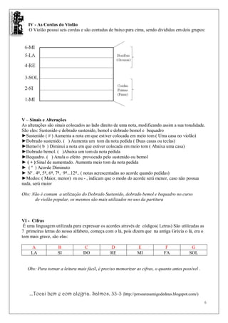 IV - As Cordas do Violão
   O Violão possui seis cordas e são contadas de baixo para cima, sendo divididas em dois grupos:




V – Sinais e Alterações
As alterações são sinais colocados ao lado direito de uma nota, modificando assim a sua tonalidade.
São eles: Sustenido e dobrado sustenido, bemol e dobrado bemol e bequadro
►Sustenido ( # ) Aumenta a nota em que estiver colocada em meio tom ( Uma casa no violão)
►Dobrado sustenido. ( ) Aumenta um tom da nota pedida ( Duas casas ou teclas)
►Bemol ( b ) Diminui a nota em que estiver colocada em meio tom ( Abaixa uma casa)
►Dobrado bemol. ( )Abaixa um tom da nota pedida
►Bequadro. ( ) Anula o efeito provocado pelo sustenido ou bemol
► ( + ) Sinal de aumentado. Aumenta meio tom da nota pedida
► ( º ) Acorde Diminuto
► Nº . 4ª, 5ª, 6ª, 7ª, 9ª...12ª.. ( notas acrescentadas ao acorde quando pedidas)
►Modos: ( Maior, menor) m ou - , indicam que o modo do acorde será menor, caso não possua
nada, será maior

Obs: Não é comum a utilização do Dobrado Sustenido, dobrado bemol e bequadro no curso
      de violão popular, os mesmos são mais utilizados no uso da partitura



VI - Cifras
 É uma linguagem utilizada para expressar os acordes através de códigos( Letras) São utilizadas as
7 primeiras letras do nosso alfabeto, começa com o lá, pois dizem que na antiga Grécia o lá, era o
tom mais grave, são elas:

     A             B              C             D              E              F             G
     LA            SI            DO             RE             MI            FA            SOL


   Obs: Para tornar a leitura mais fácil, é preciso memorizar as cifras, o quanto antes possível .




    ...Tocai bem e com alegria. Salmos. 33-3 (http://prrsoaresamigodedeus.blogspot.com/)
                                                                                                     6
 