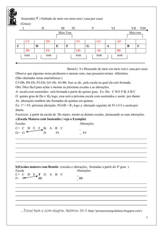 Sustenido( # ) Subindo de meio em meio tom ( casa por casa)
     (Graus)
      I            II              III       IV             V             VI             VII       VIII
                                  Meio Tom                                           Meio tom

        C#              D#                        F#            G#             A#
 C             D              E          F              G             A              B         C
        Db              Eb                         Gb           Ab             Bb
       tom              tom                       tom           tom            tom



                                       Bemol.( b ) Descendo de meio em meio tom ( casa por casa)
Observe que algumas notas produzem o mesmo som, mas possuem nomes diferentes.
(São chamadas notas enarmônicas.)
C#-Db, D#-Eb, F#-Gb, G#-Ab, A#-Bb. Isso se dá , pela escala na qual ela está formada.
Obs: Dica fácil para achar e montar as próximas escalas e as alterações.
A escala com sustenidos será formada a partir do quinto grau . Ex. Do- C D E F G A B C
O quinto grau de Do é G, logo, essa será a próxima escala com sustenidos e assim por diante
As alterações também são formadas de quintas em quintas.
Ex: 1ª = F#, próxima alteração: FGAB = C, logo a alteração seguinte de F# é C# e assim por
diante.
Exercício: a partir da escala de Do maior, monte as demais escalas, destacando as suas alterações.
a)Escala Maiores com Sustenido ( veja o Exemplo)
Escalas                                         Alterações
C= C D E F G A B C                              _
G= G                   D        F#              _ F#
________________________________________________________________________________
________________________________________________________________________________
________________________________________________________________________________
________________________________________________________________________________
________________________________________________________________________________
________________________________________________________________________________

b)Escalas maiores com Bemóis (escalas e alterações, formadas a partir do 4º grau )
Escala                                     Alterações
C= C D E F G A B C                         _
F= F           Bb                          _ Bb
________________________________________________________________________________
________________________________________________________________________________
________________________________________________________________________________
________________________________________________________________________________
________________________________________________________________________________
________________________________________________________________________________

     ...Tocai bem e com alegria. Salmos. 33-3 (http://prrsoaresamigodedeus.blogspot.com/)
                                                                                                          8
 
