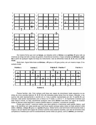 Da mesma forma que com as terças, as relações entre a tônica e as quintas (V grau) são as
mesmas ao longo de todo o braço da guitarra. Exercite-se tocando o mapa completo de tônicas e quin-
tas a partir de qualquer região do braço do instrumento. Use as diferentes notas (C, D, E, etc) como tô-
nicas.
Muito bem. Agora falta botar as tônicas, o III grau e o V grau juntos, em um mesmo mapa. O re-
sultado é este
Parece familiar, não. Com certeza você deve ser capaz de reconhecer neste esquema os pa-
drões de cinco acordes básicos: C, D, E, G e A (indicados pelas letras fora do braço). Atenção, o es-
quema não está representando o acorde em sí, mas o padrão representado por ele. O padrão G, por
exemplo, está sendo representado com a tônica no 4
o
traste, e o A no 1
o
. O importante é lembrar que
este mapa é móvel, ou seja, escolhendo qualquer nota como tônica você deve ser capaz de localizar
todas as demais notas seguindo o mesmo padrão básico e, portanto, o acorde em questão.
Existe pelo menos 1 exercício básico que deve ajuda-lo a memorizar este padrão básico, qual
seja, o de identificar em cada acorde que você tocar (pode começar pelos vistos na lição anterior) onde
estão a tônica, a terça (III grau) e a quinta (V grau). Desta forma você terminará memorizando todo o
mapa e, dai por diante será capaz de construir sozinho seus próprios acordes, que irão se tornando mais
complexos a medida que você for acrescentando outras notas (ou graus), como a sétima, por exemplo.
 