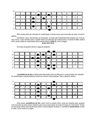 Esta escala pode ser utilizada em substituição à escala maior para execução de solos e improvi-
sações.
Entretanto, como mencionado na introdução, os blues são freqüentemente solados com uma es-
cala menor, o que contribui para o caráter dúbio que este tipo de musica possui. A escala de Am, relativa
de C, possui todas as notas desta última escala (rever a lição II), como a seguir:
A B C D E F G A
No braço da guitarra temos o seguinte desenho:
A pentatônica de Am é obtida pela eliminação do II e do VI graus e, pode também ser utilizada
em substituição a escala diatônica menor em solos e improvisações. Veja o desenho abaixo:
Esta escala, pentatônica de Am, assim como a escala maior, pode ser repetida para qualquer
nota movendo-se este mesmo desenho para cima e para baixo ao longo do braço do instrumento. Embo-
ra você pode utilizar esta escala para solos e improvisações de blues, a verdadeira escala blues contem
6 notas, como veremos a seguir.
 