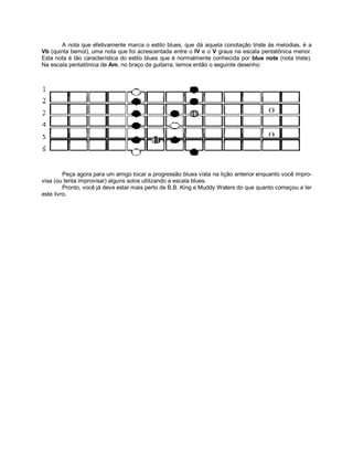 A nota que efetivamente marca o estilo blues, que dá aquela conotação triste às melodias, é a
Vb (quinta bemol), uma nota que foi acrescentada entre o IV e o V graus na escala pentatônica menor.
Esta nota é tão característica do estilo blues que é normalmente conhecida por blue note (nota triste).
Na escala pentatônica de Am, no braço da guitarra, temos então o seguinte desenho:
Peça agora para um amigo tocar a progressão blues vista na lição anterior enquanto você impro-
visa (ou tenta improvisar) alguns solos utilizando a escala blues.
Pronto, você já deve estar mais perto de B.B. King e Muddy Waters do que quanto começou a ler
este livro.
 