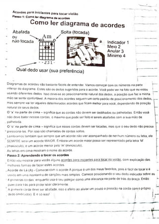 Acordes para iniciantes para tocar violão
Passo 1: Como ler diagrama de acordes
Como ler diagrama de acordes
Abafada
ou x
não tocada
Solta (tocada)
Kü.. C
l h T ¥ ]
i m i
- -2 3 : -
* Indicador 1
Meio 2
Anular 3
Mínimo 4
Qual dedo usar (sua preferência)
r _
Diagramas de acordes são bastante fáceis de entender. Vamos começar com os números na parte
inferior do diagrama. Estes são os dedos sugeridos para o acorde. Você pode ver na foto que eu estou
usando diferentes dedos Isso deve-se ao posicionamente natural dos dedos, a posição que faz a minha
mão se sentir confortável. A maioria dos acordes seguem um certo padrão de posicionamento dos dedos,
mas sempre vai ter aqueles determinados acordes que ficam melhor para você, dependendo da posição
natural de seus dedos
O ‘x’ na parte de cima - significa que as cordas não devem ser dedilhadas ou palhetadas. Então você
não deve bater nessas cordas, o máximo que pode ser feito é serem abafadas com a sua mão de
palhetada.
O ‘o’ na parte de cima - significa que essas cordas devem ser tocadas, mas que o seu dedo não precisa
pressioná-las Por isso são chamadas de cordas soltas.
Lembramos também que sempre que um acorde não vier acompanhado de nenhum número ou letra, ele
SEMPRE sera um acorde MAIOR Embora um acorde maior possa ser representado pela letra 'M'
(maiusculo), e um acorde menor pelo ‘m’ (minúsculo).
As letras em cima mostram o nome do acorde.
Passo 2: Aprendendo a tocar os acordes
Então vou mostrar para vocês alguns acordes para iniciantes oara tocar no violão, com explicação das
melhores formas de fazer estes acordes.
. Acorde de Lá (A) - Comecei com o acorde A porque é um dos meus favoritos, pois é fácil de tocar e é
usado em uma montanha de canções mais simples. Comece posicionando o seu dedo indicador sobre as
4 primeiras cordas, enquanto usa o seu polegar como uma alavanca na parte de trás do braço. Então
puxe para trás para poder soar claramente.
A primeira corda deve ser abafada, isso é efeito ao aliviar um pouco a pressão na corda com o próprio ,
. dedo (inidicador). E é só isso!
í
 