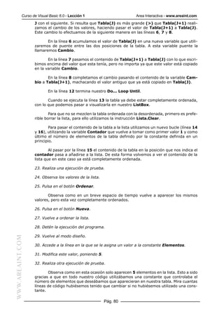 Curso de Visual Basic 6.0 - Lección 1                          Area Interactiva - www.areaint.com
                  J con el siguiente. Si resulta que Tabla(J) es más grande (>) que Tabla(J+1) reali-
                  zamos el cambio de los valores, haciendo pasar el valor de Tabla(J+1) a Tabla(J).
                  Este cambio lo efectuamos de la siguiente manera en las líneas 6, 7 y 8.

                         En la línea 6 acumulamos el valor de Tabla(J) en una nueva variable que utili-
                  zaremos de puente entre las dos posiciones de la tabla. A esta variable puente la
                  llamaremos Cambio.

                         En la línea 7 pasamos el contenido de Tabla(J+1) a Tabla(J) con lo que escri-
                  bimos encima del valor que esta tenía, pero no importa ya que este valor está copiado
                  en la variable Cambio.

                         En la línea 8 completamos el cambio pasando el contenido de la variable Cam-
                  bio a Tabla(J+1), machacando el valor antiguo que ya está copiado en Tabla(J).

                          En la línea 12 termina nuestro Do... Loop Until.

                         Cuando se ejecuta la línea 13 la tabla ya debe estar completamente ordenada,
                  con lo que podemos pasar a visualizarla en nuestro ListBox.

                          Para que no se mezclen la tabla ordenada con la desordenada, primero es prefe-
                  rible borrar la lista, para ello utilizamos la instrucción Lista.Clear.

                          Para pasar el contenido de la tabla a la lista utilizamos un nuevo bucle (línea 14
                  y 16), utilizando la variable Contador que vuelve a tomar como primer valor 1 y como
                  último el número de elementos de la tabla definido por la constante definida en un
                  principio.

                          Al pasar por la línea 15 el contenido de la tabla en la posición que nos indica el
                  contador pasa a añadirse a la lista. De esta forma volvemos a ver el contenido de la
                  lista que en este caso ya está completamente ordenada.

                  23. Realiza una ejecución de prueba.

                  24. Observa los valores de la lista.

                  25. Pulsa en el botón Ordenar.

                         Observa como en un breve espacio de tiempo vuelve a aparecer los mismos
                  valores, pero esta vez completamente ordenados.

                  26. Pulsa en el botón Nueva.

                  27. Vuelve a ordenar la lista.

                  28. Detén la ejecución del programa.

                  29. Vuelve al modo diseño.
WWW.AREAINT.COM




                  30. Accede a la línea en la que se le asigna un valor a la constante Elementos.

                  31. Modifica este valor, poniendo 5.

                  32. Realiza otra ejecución de prueba.

                         Observa como en esta ocasión solo aparecen 5 elementos en la lista. Esto a sido
                  gracias a que en todo nuestro código utilizábamos una constante que controlaba el
                  número de elementos que deseábamos que aparecieran en nuestra tabla. Mira cuantas
                  líneas de código hubiésemos tenido que cambiar si no hubiésemos utilizado una cons-
                  tante.

                                                         Pág. 80
 