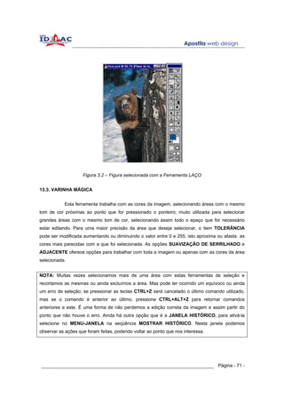 Figura 3.2 – Figura selecionada com a Ferramenta LAÇO


13.3. VARINHA MÁGICA


           Esta ferramenta trabalha com as cores da imagem, selecionando áreas com o mesmo
tom de cor próximas ao ponto que for pressionado o ponteiro; muito utilizada para selecionar
grandes áreas com o mesmo tom de cor, selecionando assim todo o epaço que for necessário
estar editando. Para uma maior precisão da área que deseja selecionar, o item TOLERÂNCIA
pode ser modificada aumentando ou diminuindo o valor entre 0 e 255, isto aproxima ou afasta as
cores mais parecidas com a que foi selecionada. As opções SUAVIZAÇÃO DE SERRILHADO e
ADJACENTE oferece opções para trabalhar com toda a imagem ou apenas com as cores da área
selecionada.


NOTA: Muitas vezes selecionamos mais de uma área com estas ferramentas de seleção e
recortamos as mesmas ou ainda excluímos a área. Mas pode ter ocorrido um equívoco ou ainda
um erro de seleção; se pressionar as teclas CTRL+Z será cancelado o último comando utilizado,
mas se o comando é anterior ao último, pressione CTRL+ALT+Z para retornar comandos
anteriores a este. É uma forma de não perdemos a edição correta da imagem e assim partir do
ponto que não houve o erro. Ainda há outra opção que é a JANELA HISTÓRICO, para ativá-la
selecione no MENU-JANELA na seqüência MOSTRAR HISTÓRICO. Nesta janela podemos
observar as ações que foram feitas, podendo voltar ao ponto que nos interessa.




______________________________________________________________ Página - 71 -
 