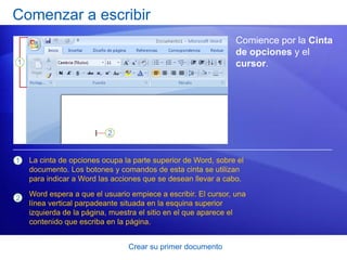 Comenzar a escribir
                                                                Comience por la Cinta
                                                                de opciones y el
                                                                cursor.




1   La cinta de opciones ocupa la parte superior de Word, sobre el
    documento. Los botones y comandos de esta cinta se utilizan
    para indicar a Word las acciones que se desean llevar a cabo.
    Word espera a que el usuario empiece a escribir. El cursor, una
2
    línea vertical parpadeante situada en la esquina superior
    izquierda de la página, muestra el sitio en el que aparece el
    contenido que escriba en la página.


                                Crear su primer documento
 