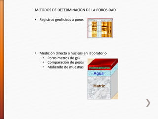 METODOS DE DETERMINACION DE LA POROSIDAD 
• Registros geofísicos a pozos 
• Medición directa a núcleos en laboratorio 
• Porosimetros de gas 
• Comparación de pesos 
• Moliendo de muestras 
 