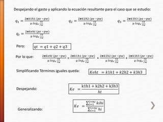Despejando el gasto y aplicando la ecuación resultante para el caso que se estudio: 
푞1 = 
2ힹ푘1ℎ1 (푝푒 −푝푤) 
μ 푙표푔푒 
푟푒 
푟푤 
푞2 = 
2ힹ푘2ℎ2 (푝푒 −푝푤) 
μ 푙표푔푒 
푟푒 
푟푤 
푞3 = 
2ힹ푘3ℎ3 (푝푒 −푝푤) 
μ 푙표푔푒 
푟푒 
푟푤 
푞푡 = 
2ힹ푘푒ℎ푡 (푝푒 −푝푤) 
μ 푙표푔푒 
푟푒 
푟푤 
Pero: 푞푡 = 푞1 + 푞2 + 푞3 
Por lo que: 2ힹ푘푒ℎ푡 (푝푒 −푝푤) 
μ 푙표푔푒 
푟푒 
푟푤 
= 
2ힹ푘1ℎ1 (푝푒 −푝푤) 
μ 푙표푔푒 
푟푒 
푟푤 
+ 
2ힹ푘2ℎ2 (푝푒 −푝푤) 
μ 푙표푔푒 
푟푒 
푟푤 
+ 
2ힹ푘3ℎ3 (푝푒 −푝푤) 
μ 푙표푔푒 
푟푒 
푟푤 
Simplificando Términos iguales queda: 퐾푒ℎ푡 = 푘1ℎ1 + 푘2ℎ2 + 푘3ℎ3 
Despejando: 퐾푒 = 
k1h1 + k2h2 + k3h3 
ℎ푡 
Generalizando: 
퐾푒 = 
푖=푛푐 푘푖ℎ푖 
푖=1 
푖=푛푐 ℎ푖 
푖=1 
 