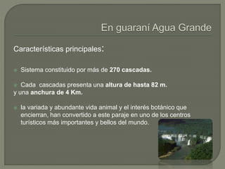 Características principales:
 Sistema constituido por más de 270 cascadas.
 Cada cascadas presenta una altura de hasta 82 m.
y una anchura de 4 Km.
 la variada y abundante vida animal y el interés botánico que
encierran, han convertido a este paraje en uno de los centros
turísticos más importantes y bellos del mundo.
 
