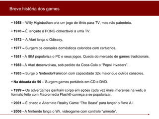 •  1958 –  Willy Higinbothan cria um jogo de tênis para TV, mas não patenteia. •  1970 –  É lançado o PONG conectável a uma TV.  •  1972 –  A Atari lança o Odissey. •  1977 –  Surgem os consoles domésticos coloridos com cartuchos. •  1981 -  A IBM populariza o PC e seus jogos. Queda do mercado de games tradicionais. •  1983 -  A Atari desenvolveu, sob pedido da Coca-Cola o “Pepsi Invaders”. •  1985 –  Surge o Nintendo/Famicon com capacidade 32x maior que outros consoles. •  Na década de 90 –  Surgem games portáteis em CD e DVD. •  1999 –  Os advergames ganham corpo em ações cada vez mais imersivas na web; o formato feito com Macromedia Flash® começa a se popularizar. •  2001 –  É criado o Alternate Reality Game “The Beast” para lançar o filme A.I. •  2006 -  A Nintendo lança o Wii, videogame com controle “wiimote”. Breve história dos games 