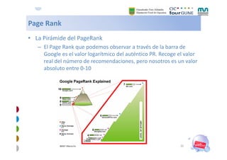 Page Rank
Page Rank
• La Pirámide del PageRank
   – El Page Rank que podemos observar a través de la barra de 
     Google...
