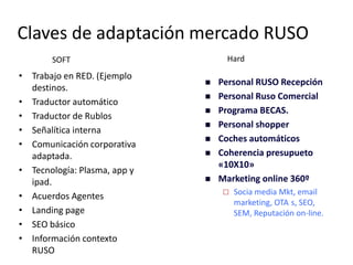 Claves de adaptación mercado RUSO
Hard

SOFT

• Trabajo en RED. (Ejemplo
destinos.
• Traductor automático
• Traductor de Rublos
• Señalítica interna
• Comunicación corporativa
adaptada.
• Tecnología: Plasma, app y
ipad.
• Acuerdos Agentes
• Landing page
• SEO básico
• Información contexto
RUSO









Personal RUSO Recepción
Personal Ruso Comercial
Programa BECAS.
Personal shopper
Coches automáticos
Coherencia presupueto
«10X10»
Marketing online 360º


Socia media Mkt, email
marketing, OTA s, SEO,
SEM, Reputación on-line.

 