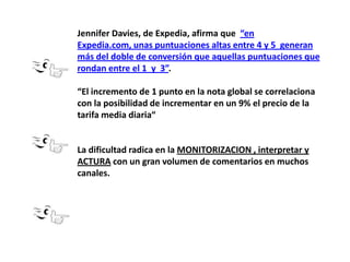 Jennifer Davies, de Expedia, afirma que “en
Expedia.com, unas puntuaciones altas entre 4 y 5 generan
más del doble de conversión que aquellas puntuaciones que
rondan entre el 1 y 3”.
“El incremento de 1 punto en la nota global se correlaciona
con la posibilidad de incrementar en un 9% el precio de la
tarifa media diaria“

La dificultad radica en la MONITORIZACION , interpretar y
ACTURA con un gran volumen de comentarios en muchos
canales.

 