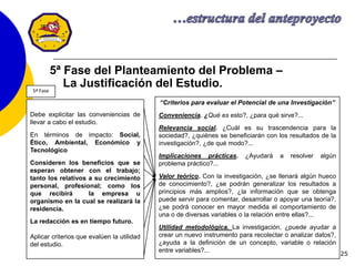 25
Debe explicitar las conveniencias de
llevar a cabo el estudio.
En términos de impacto: Social,
Ético, Ambiental, Económico y
Tecnológico
Consideren los beneficios que se
esperan obtener con el trabajo;
tanto los relativos a su crecimiento
personal, profesional; como los
que recibirá la empresa u
organismo en la cual se realizará la
residencia.
La redacción es en tiempo futuro.
Aplicar criterios que evalúen la utilidad
del estudio.
“Criterios para evaluar el Potencial de una Investigación”
Conveniencia. ¿Qué es esto?, ¿para qué sirve?...
Relevancia social. ¿Cuál es su trascendencia para la
sociedad?, ¿quiénes se beneficiarán con los resultados de la
investigación?, ¿de qué modo?...
Implicaciones prácticas. ¿Ayudará a resolver algún
problema práctico?...
Valor teórico. Con la investigación, ¿se llenará algún hueco
de conocimiento?, ¿se podrán generalizar los resultados a
principios más amplios?, ¿la información que se obtenga
puede servir para comentar, desarrollar o apoyar una teoría?,
¿se podrá conocer en mayor medida el comportamiento de
una o de diversas variables o la relación entre ellas?...
Utilidad metodológica. La investigación, ¿puede ayudar a
crear un nuevo instrumento para recolectar o analizar datos?,
¿ayuda a la definición de un concepto, variable o relación
entre variables?...
5ª Fase del Planteamiento del Problema –
La Justificación del Estudio.5ª Fase
 