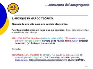 30
2.- BOSQUEJO MARCO TEÓRICO:
Ejemplo de una cita para una revista electrónica
Fuentes electrónicas en línea que no cambian: Es el caso de revistas
o periódicos electrónicos.
APELLIDO AUTOR, Nombre (fecha de publicación). “Título de la nota o
artículo”, revista o diario, , , lugar, dirección
de acceso, .
Ejemplo:
GONZÁLEZ, L.M., MARTÍN, R. (1996). “La deuda de Jalisco crece $5
millones por día”, Siglo XXI, , : portada,
Guadalajara, http://mexplaza.udg.mx/cgibin/
 