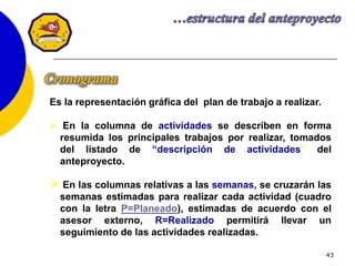 43
Es la representación gráfica del plan de trabajo a realizar.
 En la columna de actividades se describen en forma
resumida los principales trabajos por realizar, tomados
del listado de “descripción de actividades” del
anteproyecto.
 En las columnas relativas a las semanas, se cruzarán las
semanas estimadas para realizar cada actividad (cuadro
con la letra P=Planeado), estimadas de acuerdo con el
asesor externo, R=Realizado permitirá llevar un
seguimiento de las actividades realizadas.
Cronograma
 