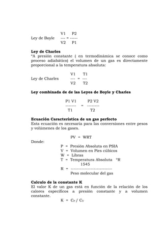 V1 P2
ey de Boyle --- = -----
Ley de Charles
presión constante ( en termodinámica se conoce como
co) el volumen de un gas es directamente
ey de Charles --- = ---
s de Boyle y Charles
------- = --------
ca e un s perfecto
sta ecuación es necesaria para las conversiones entre pesos
WRT
onde:
en PSIA
V = Volumen en Pies cúbicos
45
gas
l valor K de un gas está en función de la relación de los
sión constante y a volumen
L
V2 P1
“A
proceso adiabáti
proporcional a la temperatura absoluta:
V1 T1
L
V2 T2
Ley combinada de de las Leye
P1 V1 P2 V2
T1 T2
Ecuación Característi d ga
E
y volúmenes de los gases.
PV =
D
P = Presión Absoluta
W = Libras
T = Temperatura Absoluta ºR
15
R = ---------------------------
Peso molecular del
Calculo de la constante K
E
calores específicos a pre
constante.
K = CP / CV
 