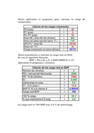 Ahora aplicamos el programa para calcular la carga de
compresió
Ahor P.
Se usa la siguiente fórmula:
BHP = PD x Ev x P1 x BHP/MMPCD x
Aplicamos el programa y tenemos:
La
40
5
P2 -P1 (psig) 35
Area HE ( área HE del cilindro) 04
Area rod (área sección barra 3" ) .07
(P2-P1) * Area HE 0
Area rod * P1 3
Carga compresión en barra (libras) 28 5
=
=
=
=
=
=
sión
=
n:
P2 (psig)
Cálculo de las cargas compre
P1 (psig) =
8
7
2814
5
17
a procedemos a calcular la carga real en BH
10-4
Número d
Cálculo de las carga real en BHP
e cilindros 2
PD ( manual del fabricante) 3980
60
6
P1 - 0.5 ( psia ) 17.6
BHP X 10 a la menos 4 0.00649
Carga real BHP 769
100 % carga
% que representa 0.5 psig 2.8
=
=
=
=
=
=
=
PD * # de cilindros 79=
Ev 0.84
0.5=
=
sobrecarga en psig
18.1
carga real es 769 BHP con 2.8 % de sobrecarga.
 
