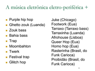 A música eletrônica eletro-periférica +
n  Purple hip hop
n  Ghetto zouk (Luanda)
n  Zouk bass
n  Bahia bass
n  Trap
n  Moombahton
n  Twerk
n  Festival trap
n  Glitch hop
81
Juke (Chicago)
Footwork (Eua)
Tarraxo (Tarraxo bass)
Tarraxinha (Luanda)
Afrohouse (Lisboa)
Queer Hop (Eua)
Homo hop (Eua)
Rasterinha (Brasil, do
Funk Carioca)
Proibidão (Brasil, do
Funk Carioca)
 