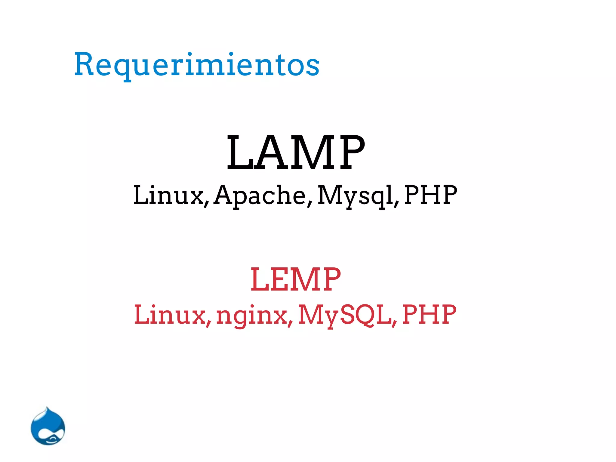 Requerimientos
LAMP
Linux,Apache,Mysql,PHP
LEMP
Linux,nginx,MySQL,PHP
 