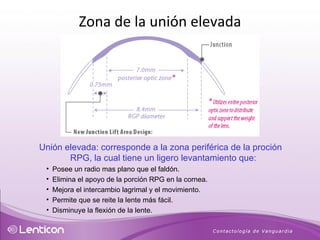 Unión elevada:   corresponde a la zona periférica de la proción RPG, la cual tiene un ligero levantamiento que:  Posee un radio mas plano que el faldón. Elimina el apoyo de la porción RPG en la cornea. Mejora el intercambio lagrimal y el movimiento.  Permite que se reite la lente más fácil. Disminuye la flexión de la lente. Zona de la unión elevada 
