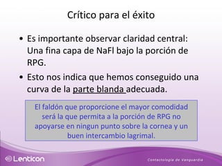 Es importante observar claridad central:  Una fina capa de NaFl bajo la porción de RPG. Esto nos indica que hemos conseguido una curva de la  parte blanda  adecuada. El faldón que proporcione el mayor comodidad será la que permita a la porción de RPG no apoyarse en ningun punto sobre la cornea y un buen intercambio lagrimal. Crítico para el éxito 