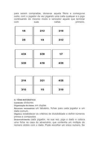 para serem compradas, deixa-se aquela fileira e começa-se
outra, com o jogador da vez jogando uma carta qualquer e o jogo
continuando do mesmo modo o vencedor aquele que terminar
com suas cartas primeiro.
G. TÊNIS MATEMÁTICO
Conteúdo: divisores
Organização da classe: em duplas
Recursos necessários: um tabuleiro, fichas para cada jogador e um
dado comum.
Objetivo: estabelecer os critérios de divisibilidade e definir números
primos e compostos
Desenvolvimento: cada jogador, na sua vez, joga o dado e coloca
uma ficha na casa do adversário, que contenha um múltiplo do
número obtido com o dado. Pode escolher um único numero. Se
 