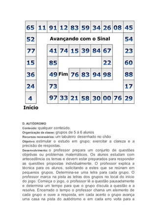 D. AUTÓDROMO
Conteúdo: qualquer conteúdo.
Organização da classe: grupos de 5 á 6 alunos
Recursos necessários: um tabuleiro desenhado no chão
Objetivo: estimular o estudo em grupo; exercitar a clareza e a
precisão de respostas.
Desenvolvimento: o professor prepara um conjunto de questões
objetivas ou problemas matemáticos. Os alunos estudam com
antecedência os temas e devem estar preparados para responder
as questões propostas individualmente. O professor explica a
técnica para os alunos, solicitando a estes que se reúnam em
pequenos grupos. Determina-se uma letra para cada grupo. O
professor marca na pista as letras dos grupos no local do início
do jogo. Começa o jogo, o professor lê a questão pausadamente
e determina um tempo para que o grupo discuta a questão e a
resolva. Encerrado o tempo o professor chama um elemento de
cada grupo e ouve a resposta, em cada acerto o grupo avança
uma casa na pista do autódromo e em cada erro volta para a
 
