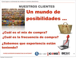 Como lograr e incrementar las ventas en comercio electrónico



                              NUESTROS CLIENTES

                                          Un mundo de
                                          posibilidades ...

    ¿Cuál es el mix de compra?
    ¿Cuál es la frecuencia de compra?

  ¿Sabemos que experiencia están
  teniendo?
     CURSO SUPERIOR DE MARKETING EN INTERNET                     56



domingo 16 de enero de 2011
 