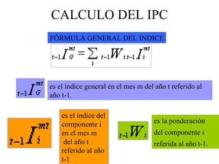 CALCULO DEL IPC FÓRMULA GENERAL DEL INDICE es el índice general en el mes m del año t referido al año t-1.  es la ponderación  del componente i  referida al año t-1.  es el índice del componente i  en el mes m del año t  referido al año t-1 