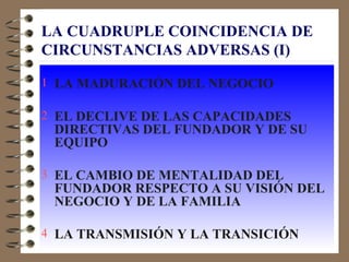 LA CUADRUPLE COINCIDENCIA DE
CIRCUNSTANCIAS ADVERSAS (I)

1 LA MADURACIÓN DEL NEGOCIO

2 EL DECLIVE DE LAS CAPACIDADES
 DIRECTIVAS DEL FUNDADOR Y DE SU
 EQUIPO

3 EL CAMBIO DE MENTALIDAD DEL
 FUNDADOR RESPECTO A SU VISIÓN DEL
 NEGOCIO Y DE LA FAMILIA

4 LA TRANSMISIÓN Y LA TRANSICIÓN
 