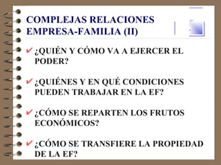 COMPLEJAS RELACIONES
EMPRESA-FAMILIA (II)
 ¿QUIÉN Y CÓMO VA A EJERCER EL
 PODER?

 ¿QUIÉNES Y EN QUÉ CONDICIONES
 PUEDEN TRABAJAR EN LA EF?

 ¿CÓMO SE REPARTEN LOS FRUTOS
 ECONÓMICOS?

 ¿CÓMO SE TRANSFIERE LA PROPIEDAD
 DE LA EF?
 