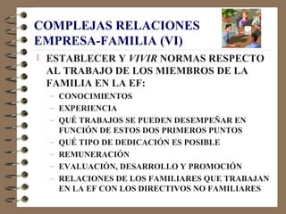 COMPLEJAS RELACIONES
EMPRESA-FAMILIA (VI)
1 ESTABLECER Y VIVIR NORMAS RESPECTO
 AL TRABAJO DE LOS MIEMBROS DE LA
 FAMILIA EN LA EF:
  – CONOCIMIENTOS
  – EXPERIENCIA
  – QUÉ TRABAJOS SE PUEDEN DESEMPEÑAR EN
    FUNCIÓN DE ESTOS DOS PRIMEROS PUNTOS
  – QUÉ TIPO DE DEDICACIÓN ES POSIBLE
  – REMUNERACIÓN
  – EVALUACIÓN, DESARROLLO Y PROMOCIÓN
  – RELACIONES DE LOS FAMILIARES QUE TRABAJAN
    EN LA EF CON LOS DIRECTIVOS NO FAMILIARES
 