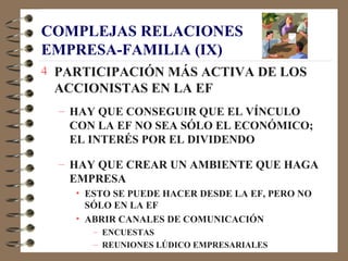 COMPLEJAS RELACIONES
EMPRESA-FAMILIA (IX)
4 PARTICIPACIÓN MÁS ACTIVA DE LOS
 ACCIONISTAS EN LA EF
  – HAY QUE CONSEGUIR QUE EL VÍNCULO
    CON LA EF NO SEA SÓLO EL ECONÓMICO;
    EL INTERÉS POR EL DIVIDENDO

  – HAY QUE CREAR UN AMBIENTE QUE HAGA
    EMPRESA
    • ESTO SE PUEDE HACER DESDE LA EF, PERO NO
      SÓLO EN LA EF
    • ABRIR CANALES DE COMUNICACIÓN
       – ENCUESTAS
       – REUNIONES LÚDICO EMPRESARIALES
 