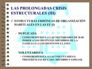 LAS PROLONGADAS CRISIS
ESTRUCTURALES (III)
 ESTRUCTURAS ERRÓNEAS DE ORGANIZACIÓN
 HABITUALES EN LAS EF (I)

 – DUPLICADA
   • COMO RESPUESTA A LAS NECESIDADES DE DAR
     PODER A LOS DISTINTOS MIEMBROS DE LA
     FAMILIA O A LOS DISTINTOS CLANES


 – VOLUNTARISTA
   • COMO RESPUESTA A LAS VOLUNTADES O
     PREFERENCIAS DE CADA MIEMBRO FAMILIAR
 