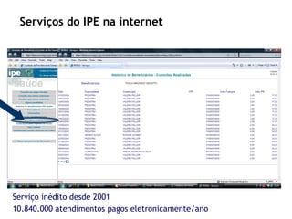 Serviços do IPE na internet Serviço inédito desde 2001 10.840.000 atendimentos pagos eletronicamente/ano 