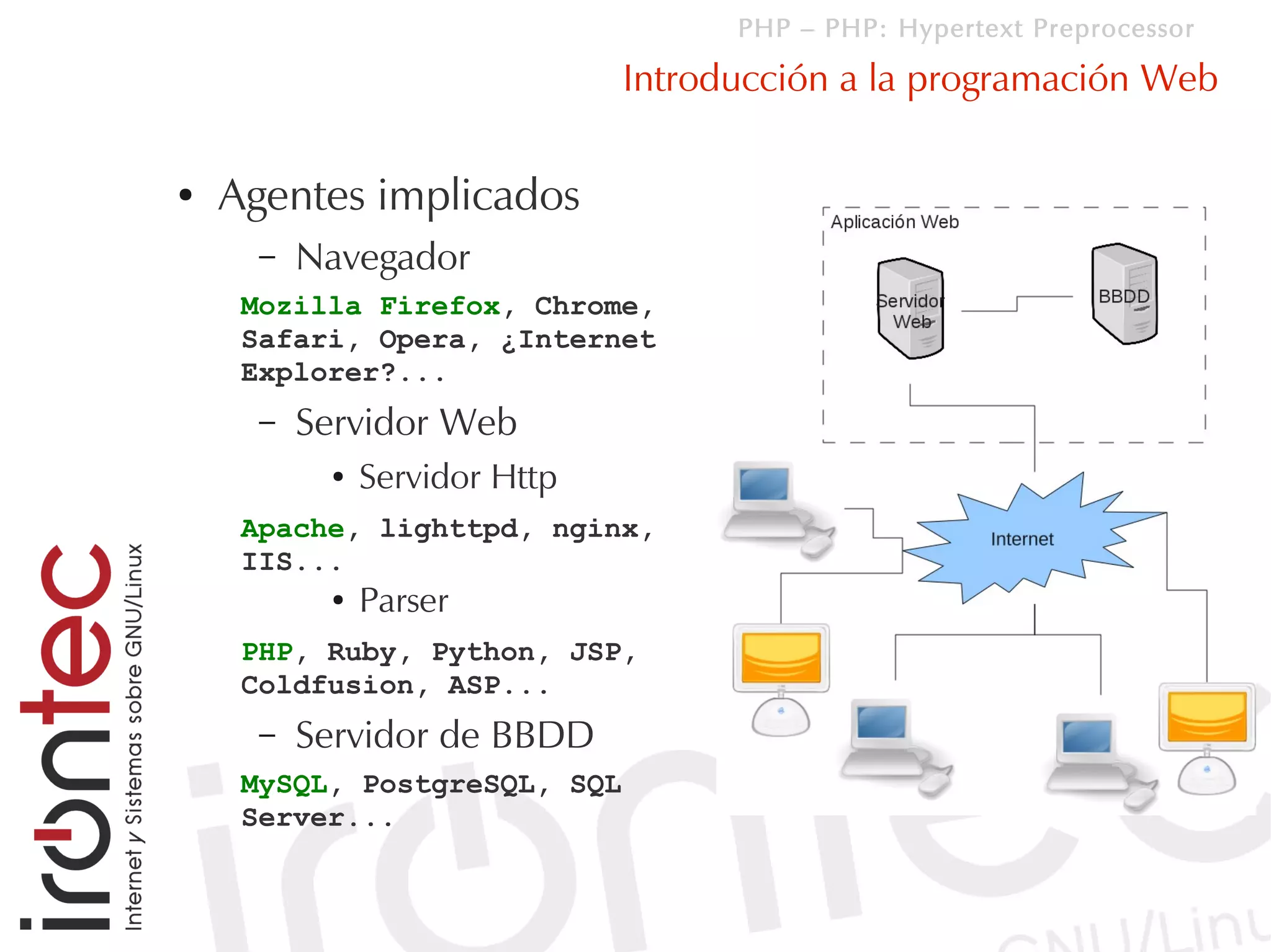 PHP – PHP: Hypertext Preprocessor

                               Introducción a la programación Web

●   Agentes implicados
      –   Navegador
     Mozilla Firefox, Chrome,
     Safari, Opera, ¿Internet
     Explorer?...
      –   Servidor Web
           ●   Servidor Http
     Apache, lighttpd, nginx,
     IIS...
           ●   Parser
     PHP, Ruby, Python, JSP,
     Coldfusion, ASP...
      –   Servidor de BBDD
     MySQL, PostgreSQL, SQL
     Server...
 