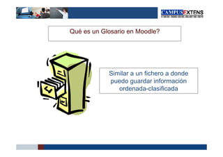 Qué
Qué es un Glosario en Moodle?
                      Moodle?




            Similar a un fichero a donde
            puedo guardar información
               ordenada-clasificada
 