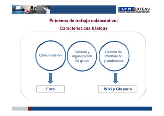 Entornos de trabajo colaborativo:
           Características básicas




                 Gestión y       Gestión de
Comunicación    organización    información
                  del grupo     y contenidos




   Foro                         Wiki y Glosario
 
