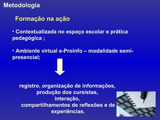 registro, organização de informações,  produção dos cursistas,  interação,  compartilhamentos de reflexões e de experiências. Metodologia Contextualizada no espaço escolar e prática pedagógica ; Ambiente virtual e-Proinfo – modalidade semi-presencial; Formação na ação 