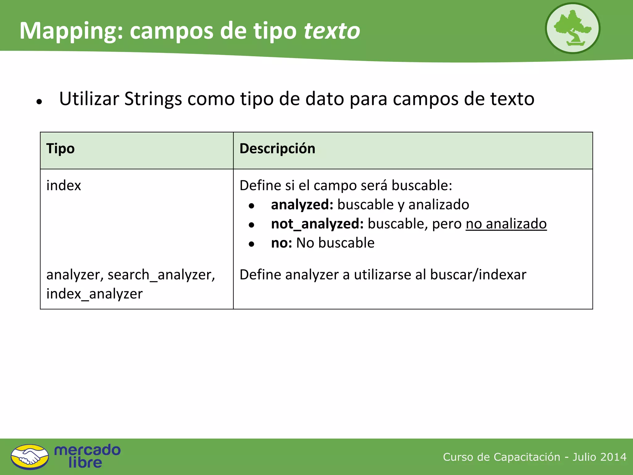 ● Utilizar Strings como tipo de dato para campos de texto
Tipo Descripción
index Define si el campo será buscable:
● analyzed: buscable y analizado
● not_analyzed: buscable, pero no analizado
● no: No buscable
analyzer, search_analyzer,
index_analyzer
Define analyzer a utilizarse al buscar/indexar
Curso de Capacitación - Julio 2014
Mapping: campos de tipo texto
 