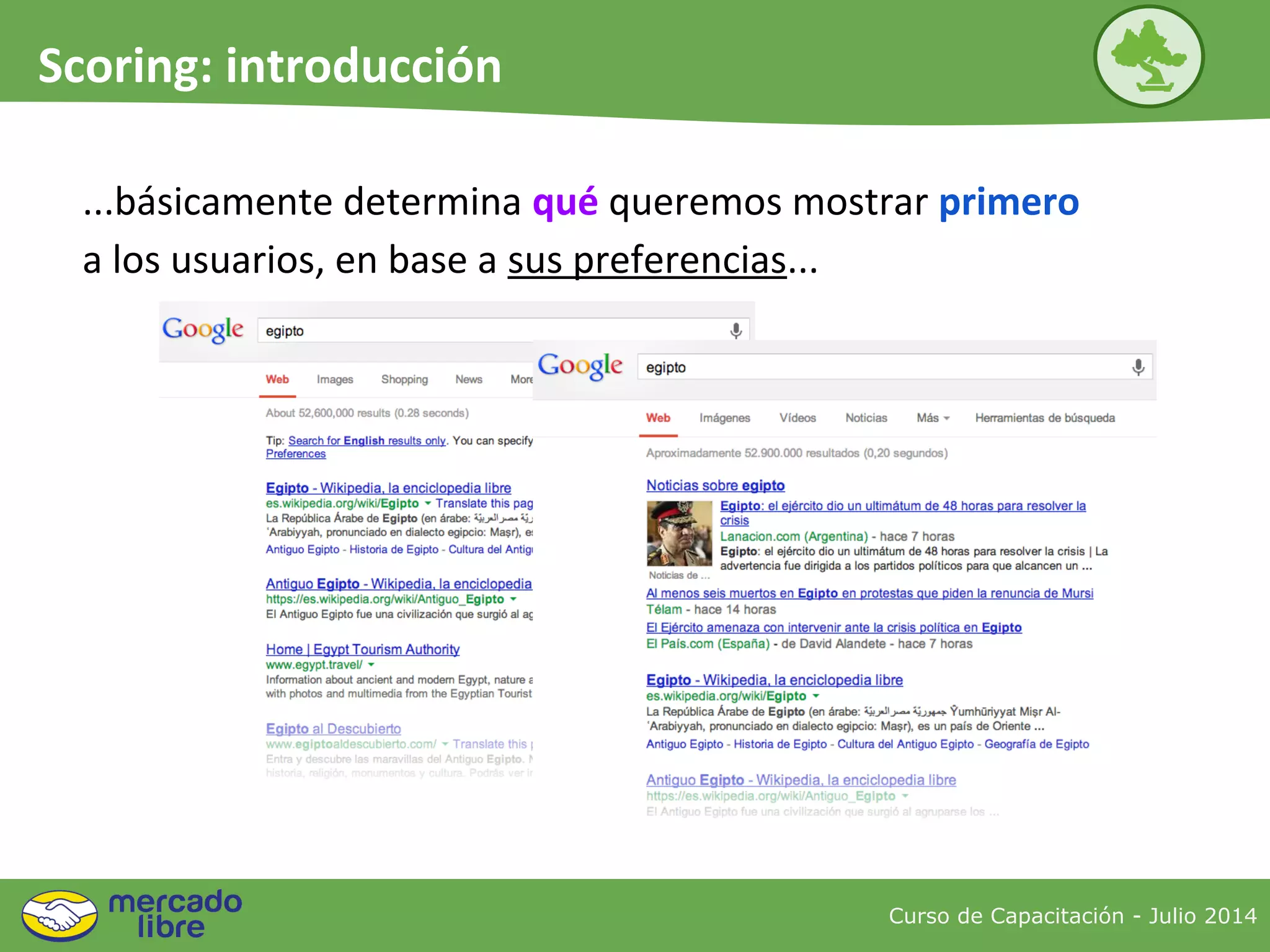 Curso de Capacitación - Julio 2014
Scoring: introducción
...básicamente determina qué queremos mostrar primero
a los usuarios, en base a sus preferencias...
 