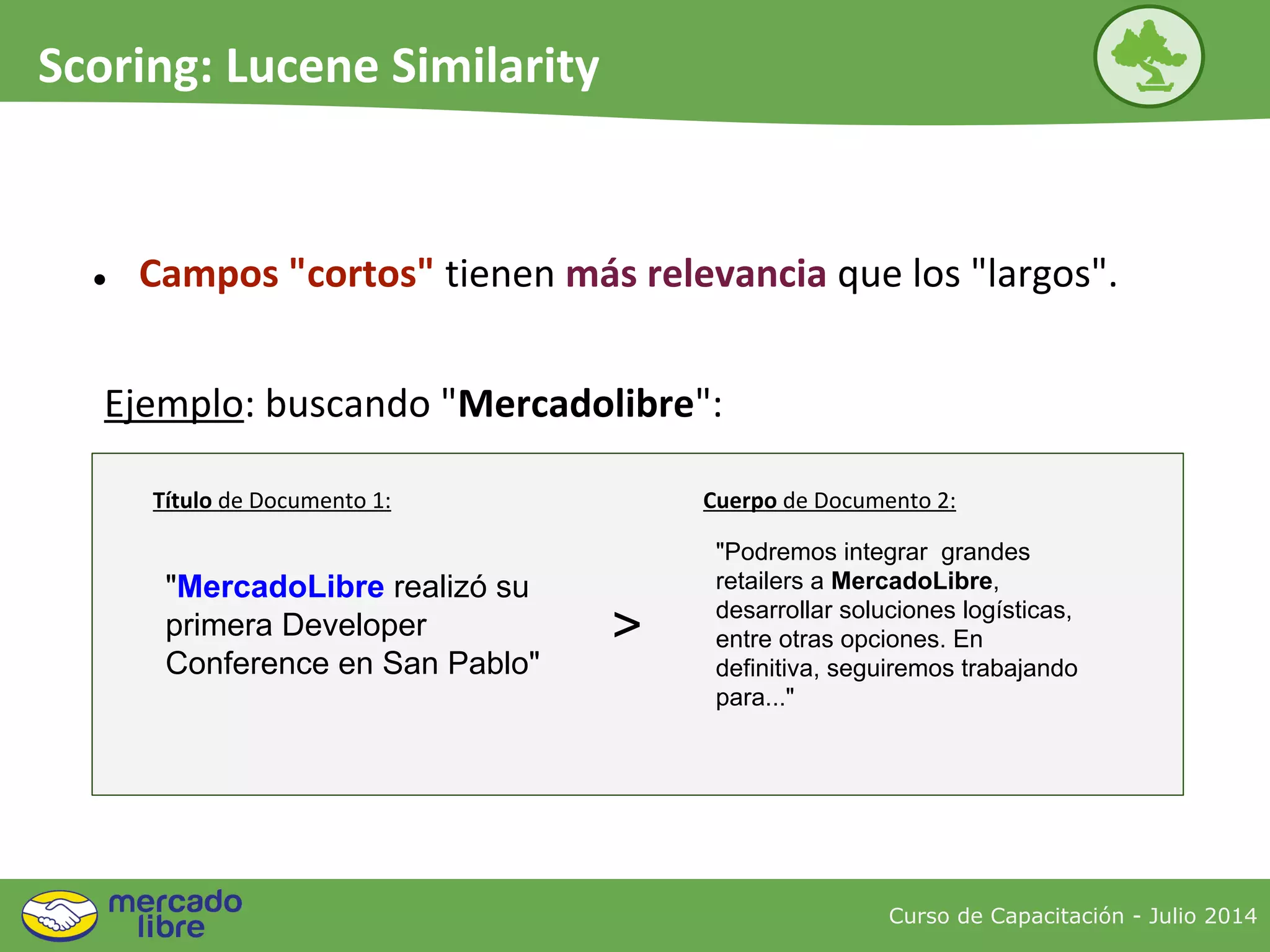 ● Campos "cortos" tienen más relevancia que los "largos".
Curso de Capacitación - Julio 2014
Scoring: Lucene Similarity
"MercadoLibre realizó su
primera Developer
Conference en San Pablo"
"Podremos integrar grandes
retailers a MercadoLibre,
desarrollar soluciones logísticas,
entre otras opciones. En
definitiva, seguiremos trabajando
para..."
>
Ejemplo: buscando "Mercadolibre":
Título de Documento 1: Cuerpo de Documento 2:
 