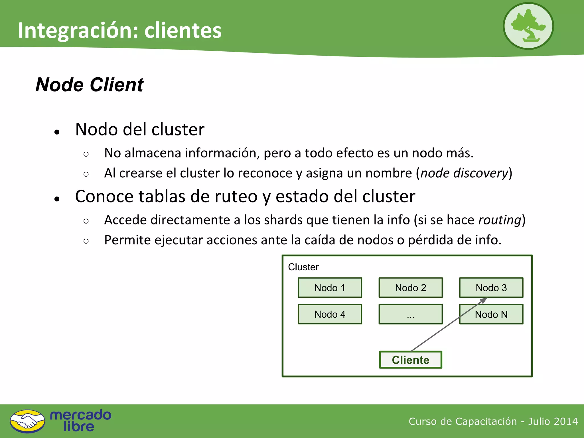 ● Nodo del cluster
○ No almacena información, pero a todo efecto es un nodo más.
○ Al crearse el cluster lo reconoce y asigna un nombre (node discovery)
● Conoce tablas de ruteo y estado del cluster
○ Accede directamente a los shards que tienen la info (si se hace routing)
○ Permite ejecutar acciones ante la caída de nodos o pérdida de info.
Curso de Capacitación - Julio 2014
Integración: clientes
Node Client
Cluster
Nodo 1
Cliente
Nodo 3
... Nodo N
Nodo 2
Nodo 4
 