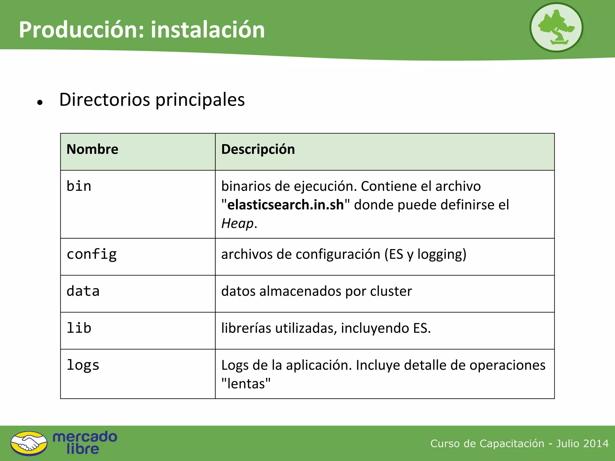 ● Directorios principales
Nombre Descripción
bin binarios de ejecución. Contiene el archivo
"elasticsearch.in.sh" donde puede definirse el
Heap.
config archivos de configuración (ES y logging)
data datos almacenados por cluster
lib librerías utilizadas, incluyendo ES.
logs Logs de la aplicación. Incluye detalle de operaciones
"lentas"
Curso de Capacitación - Julio 2014
Producción: instalación
 