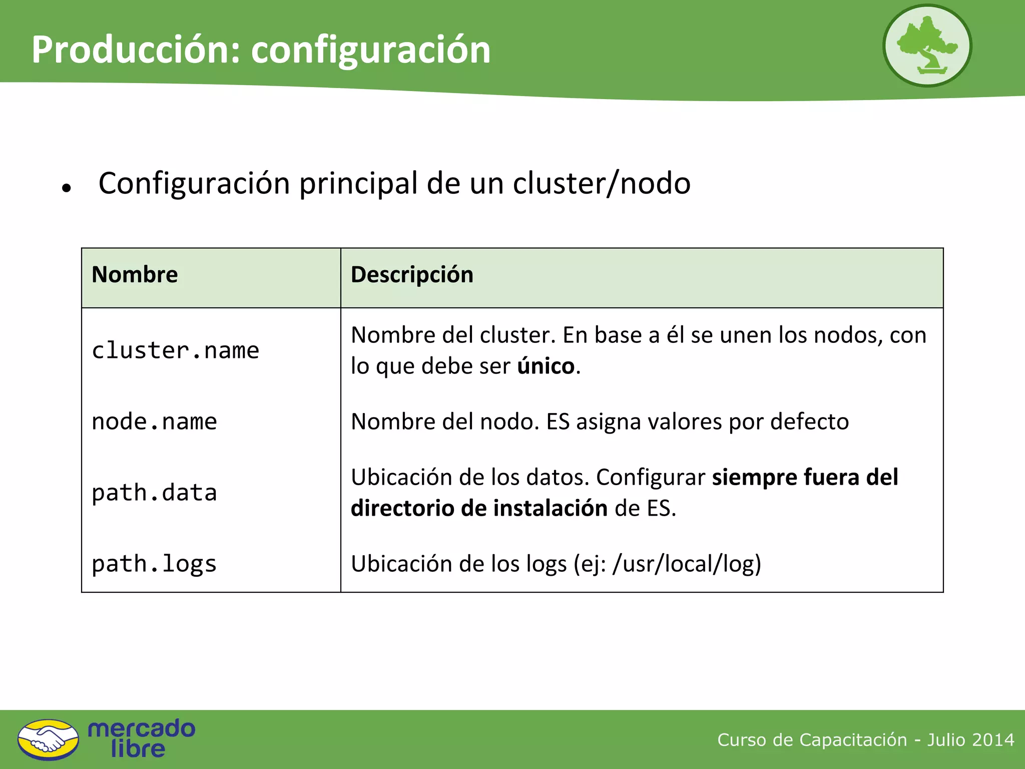 ● Configuración principal de un cluster/nodo
Nombre Descripción
cluster.name
Nombre del cluster. En base a él se unen los nodos, con
lo que debe ser único.
node.name Nombre del nodo. ES asigna valores por defecto
path.data
Ubicación de los datos. Configurar siempre fuera del
directorio de instalación de ES.
path.logs Ubicación de los logs (ej: /usr/local/log)
Curso de Capacitación - Julio 2014
Producción: configuración
 