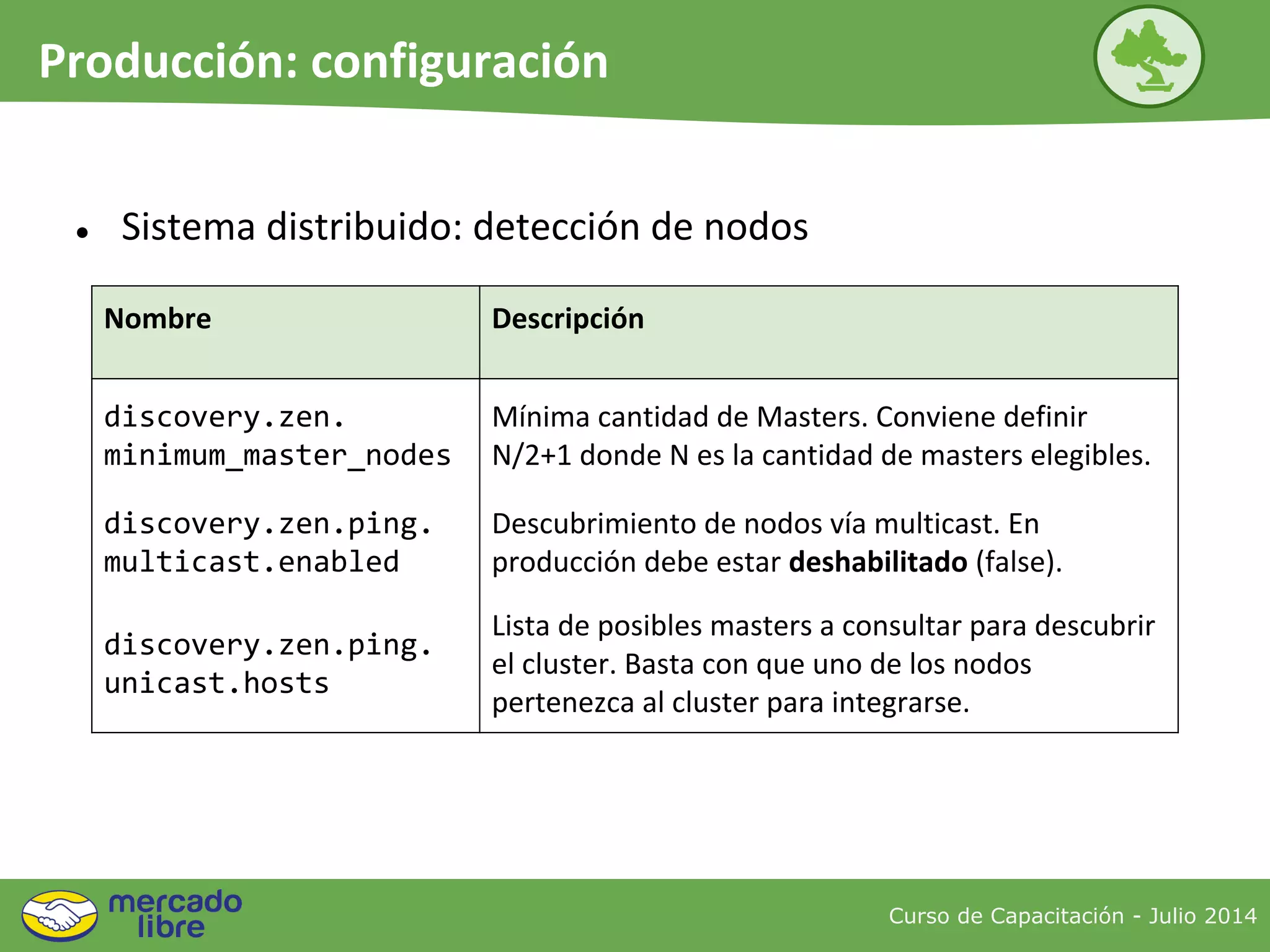 ● Sistema distribuido: detección de nodos
Nombre Descripción
discovery.zen.
minimum_master_nodes
Mínima cantidad de Masters. Conviene definir
N/2+1 donde N es la cantidad de masters elegibles.
discovery.zen.ping.
multicast.enabled
Descubrimiento de nodos vía multicast. En
producción debe estar deshabilitado (false).
discovery.zen.ping.
unicast.hosts
Lista de posibles masters a consultar para descubrir
el cluster. Basta con que uno de los nodos
pertenezca al cluster para integrarse.
Curso de Capacitación - Julio 2014
Producción: configuración
 